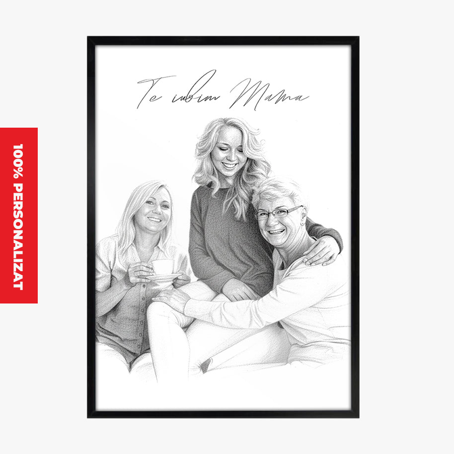 Tablou Personalizat Alb-Negru — Portret Creion „Te iubim, mama” 🖤✏️