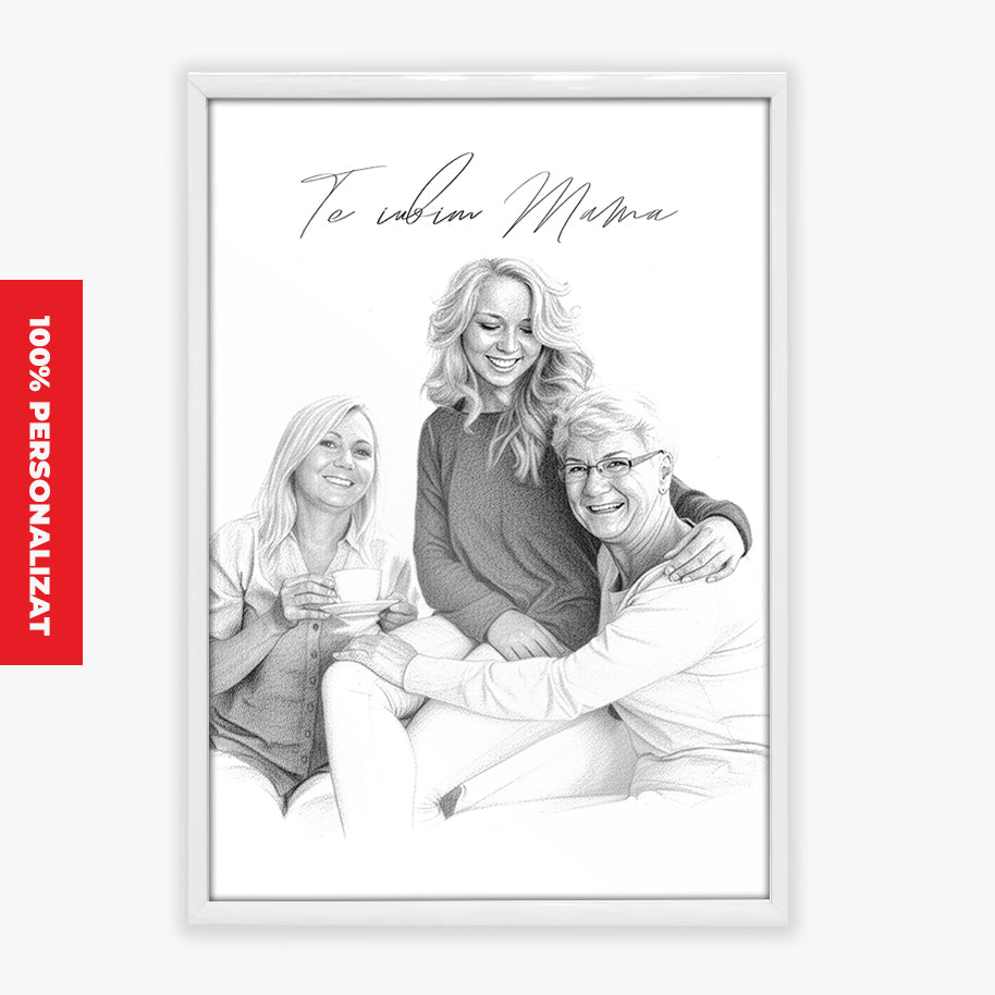 Tablou Personalizat Alb-Negru — Portret Creion „Te iubim, mama” 🖤✏️
