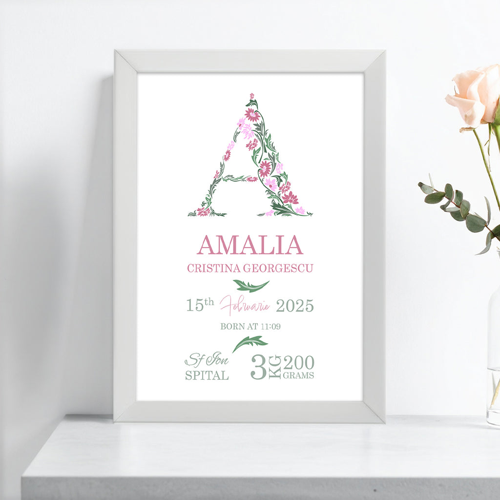 Tablou personalizat bebeluș cu inițială florală și date de naștere – Cadou elegant de botez