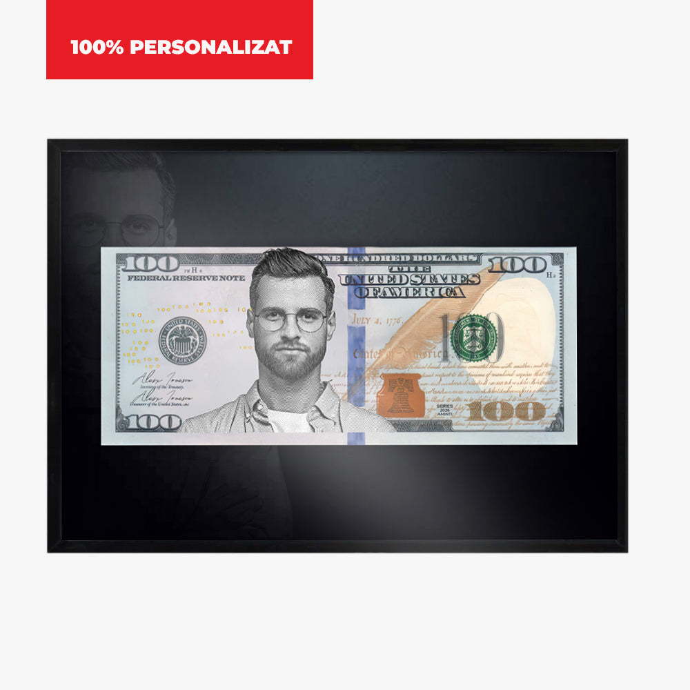 Tablou personalizat 100$ – Portretul tău pe bancnota de 100 de dolari | Cadou amuzant și original