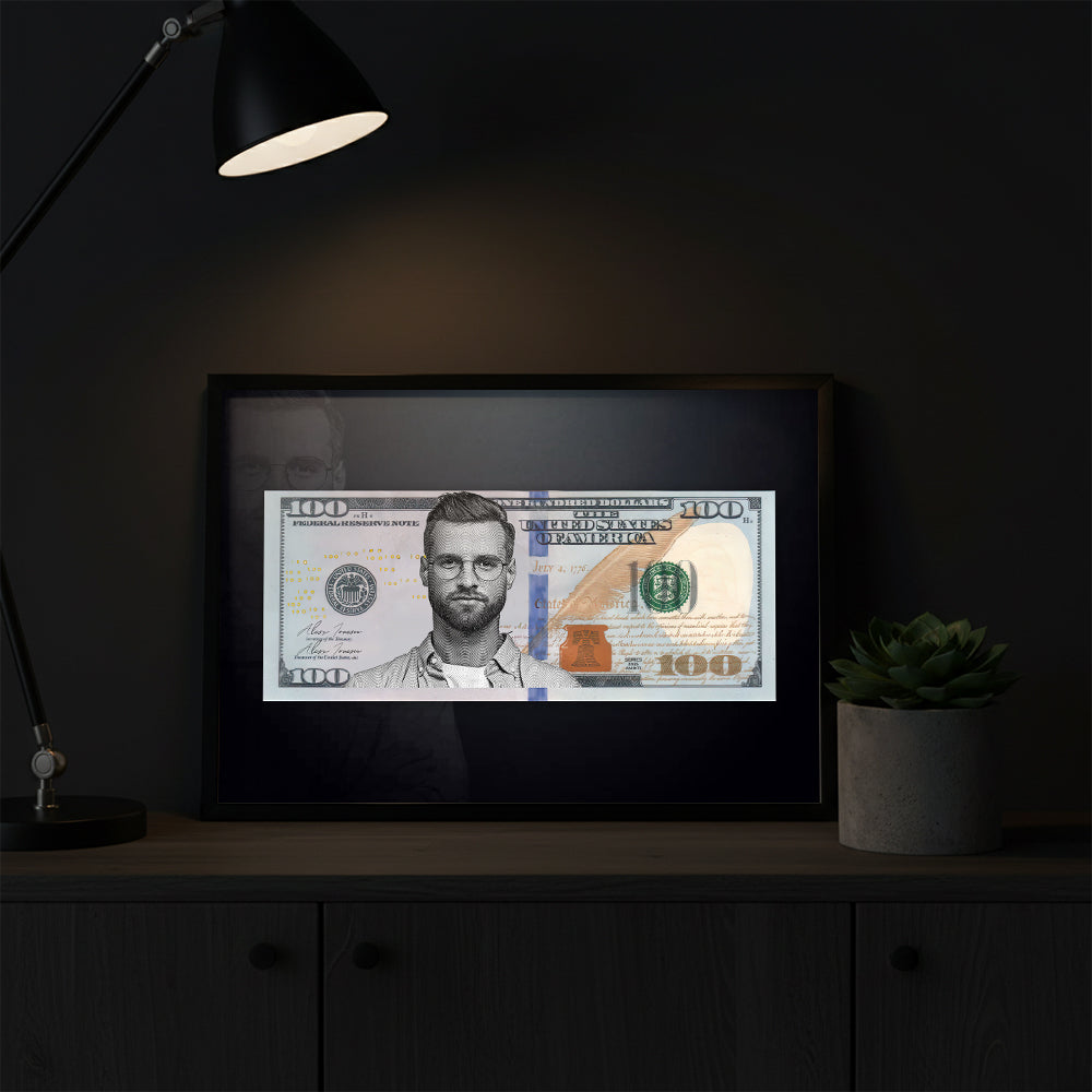 Tablou personalizat 100$ – Portretul tău pe bancnota de 100 de dolari | Cadou amuzant și original