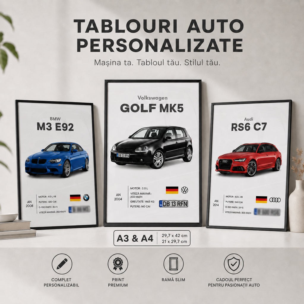 Tablou auto personalizat cu poză, număr și specificații mașină