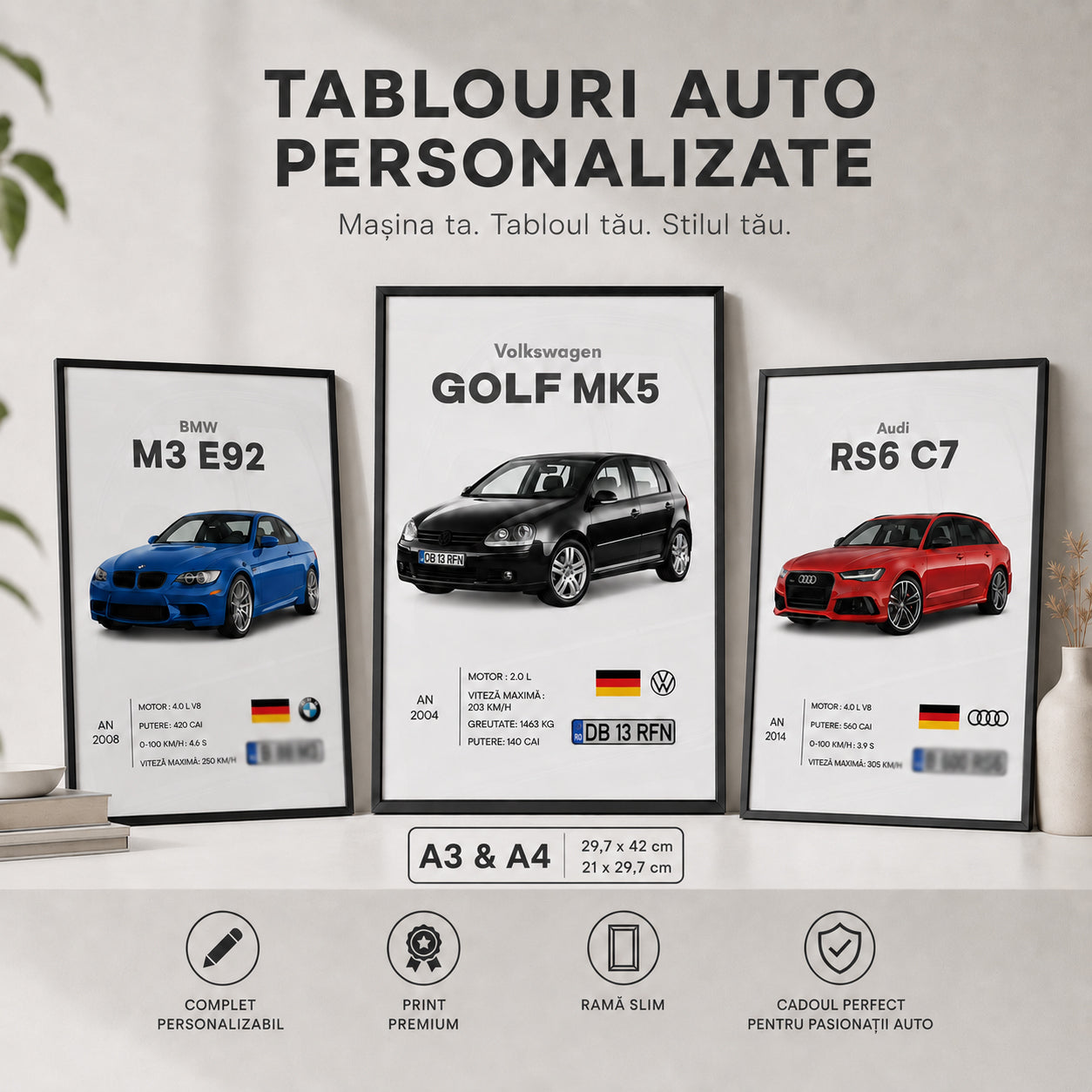 Tablou auto personalizat cu poză, număr și specificații mașină