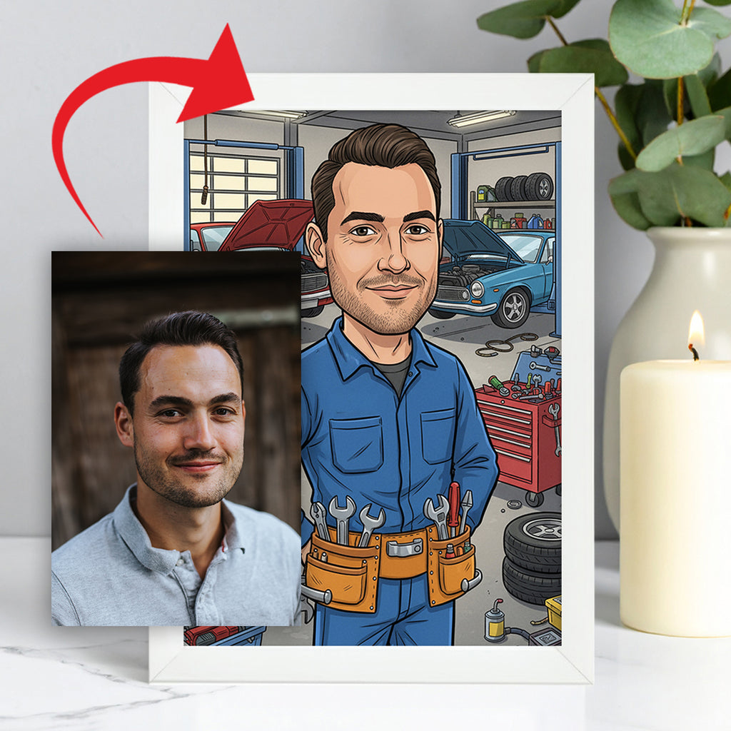 Tablou personalizat caricatură – Mecanic | Cadou original și amuzant pentru pasionații de auto și reparații
