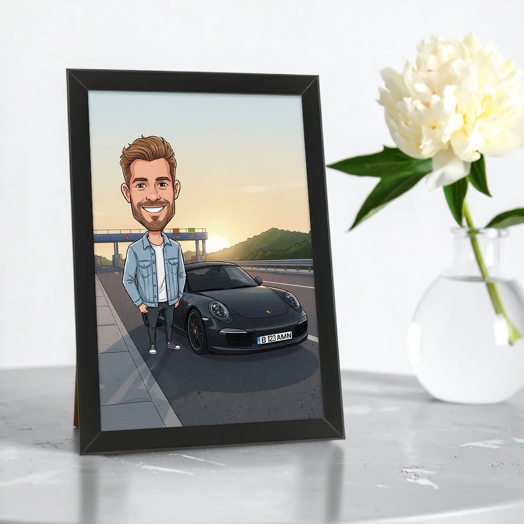 Tablou personalizat caricatură – Persoană + Mașină | Cadou original și amuzant pentru pasionații de automobile
