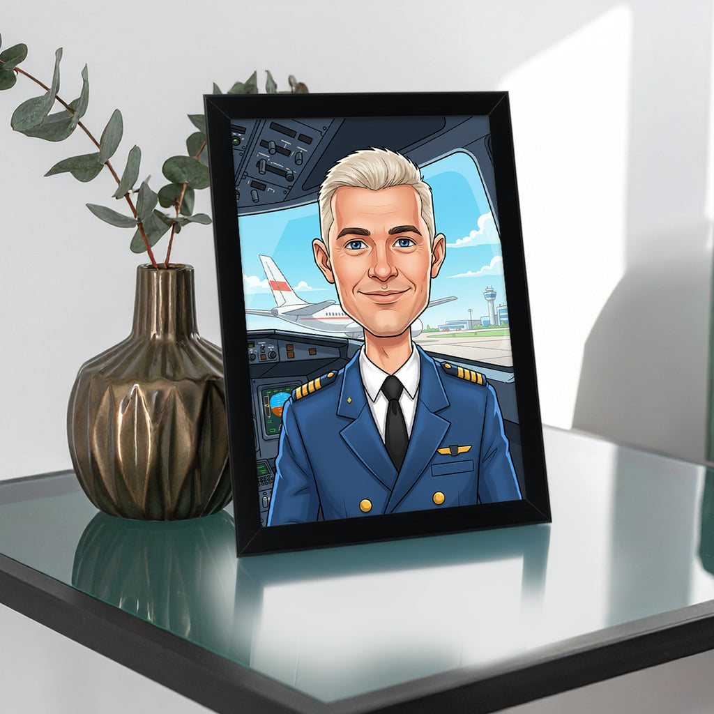 Tablou personalizat caricatură – Pilot | Cadou original și emoționant pentru piloți și pasionați de aviație