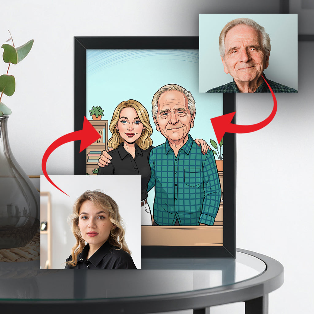 Tablou personalizat caricatură – Persoană + Persoană (Memorial) | Cadou emoționant și memorabil pentru păstrarea amintirilor