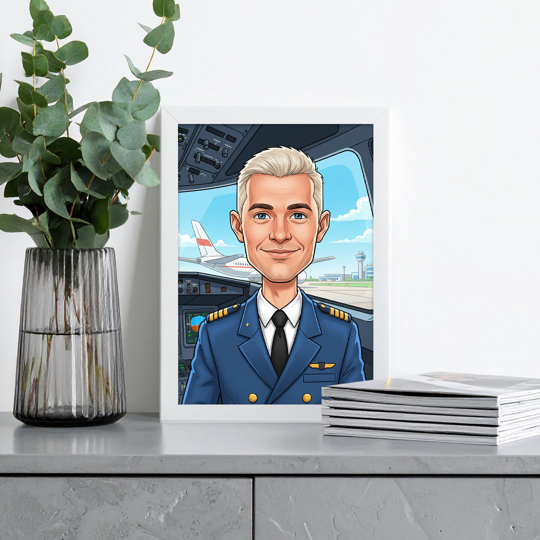 Tablou personalizat caricatură – Pilot | Cadou original și emoționant pentru piloți și pasionați de aviație