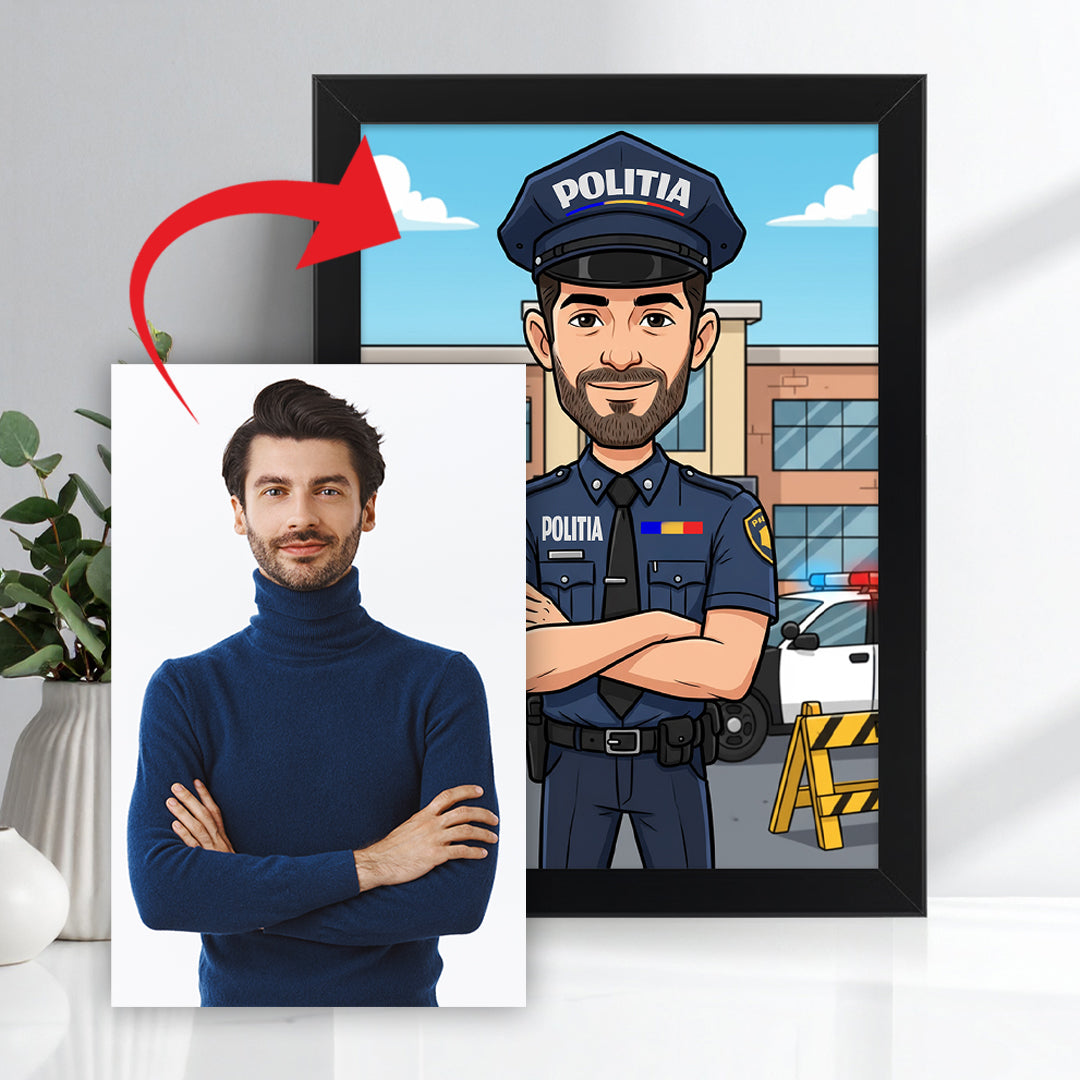 Tablou personalizat caricatură – Polițist | Cadou original și emoționant pentru forțele de ordine
