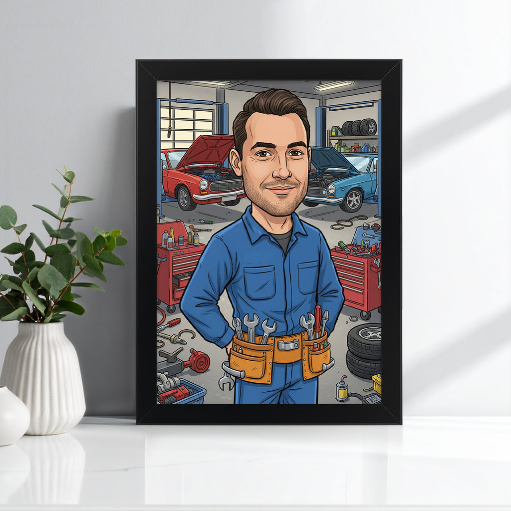 Tablou personalizat caricatură – Mecanic | Cadou original și amuzant pentru pasionații de auto și reparații