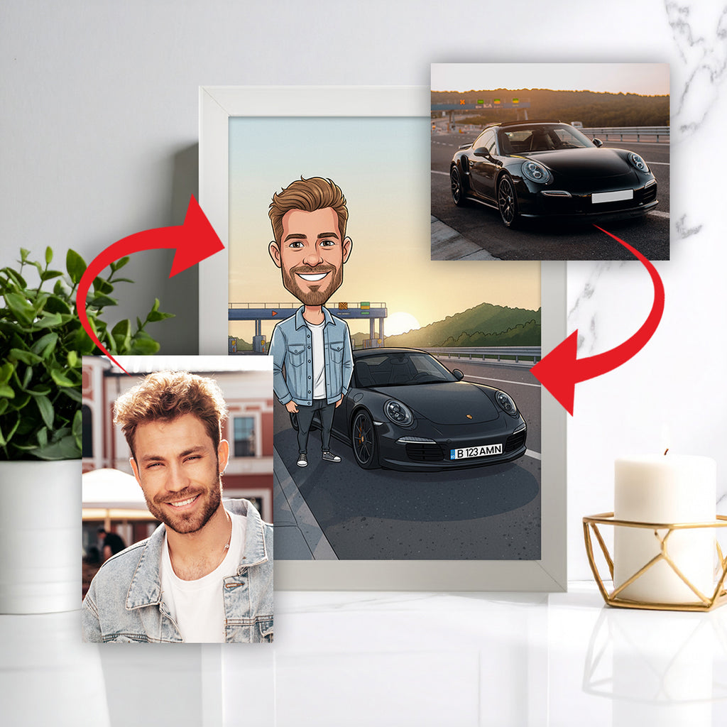 Tablou personalizat caricatură – Persoană + Mașină | Cadou original și amuzant pentru pasionații de automobile