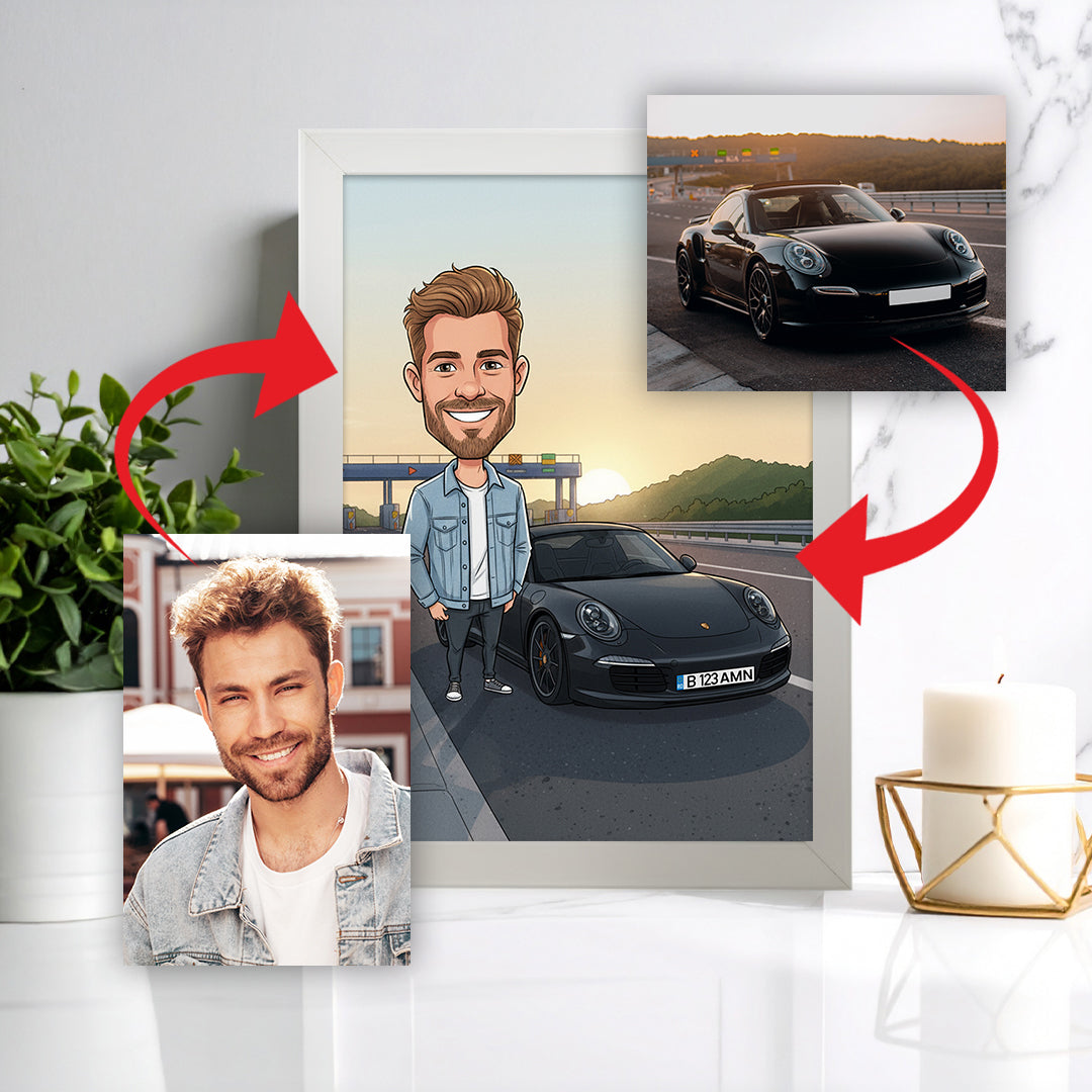 Tablou personalizat caricatură – Persoană + Mașină | Cadou original și amuzant pentru pasionații de automobile
